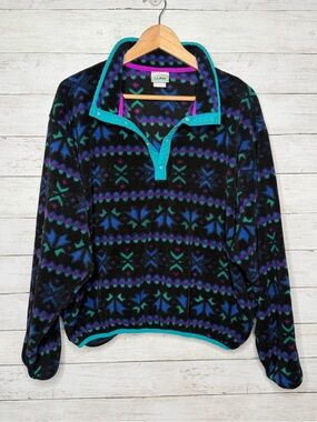 Vintage 90s L.L.Bean Fleece Pullover XL Geometric Snap T Teal Purple USA